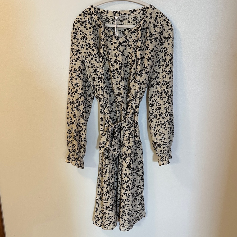 Grace Karin Cream and Black Floral Long Sleeve and Tie Neck Dress
